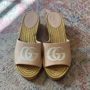 Gucci Pink and Gold Espadrille Slides 37
